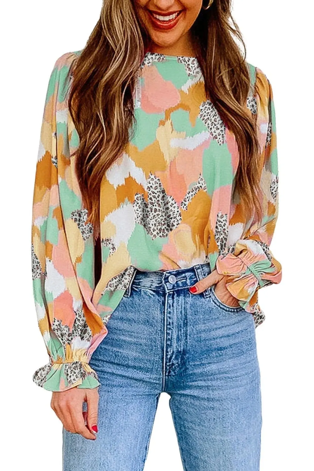 Abstract Print Long Sleeve Blouse Multicolor