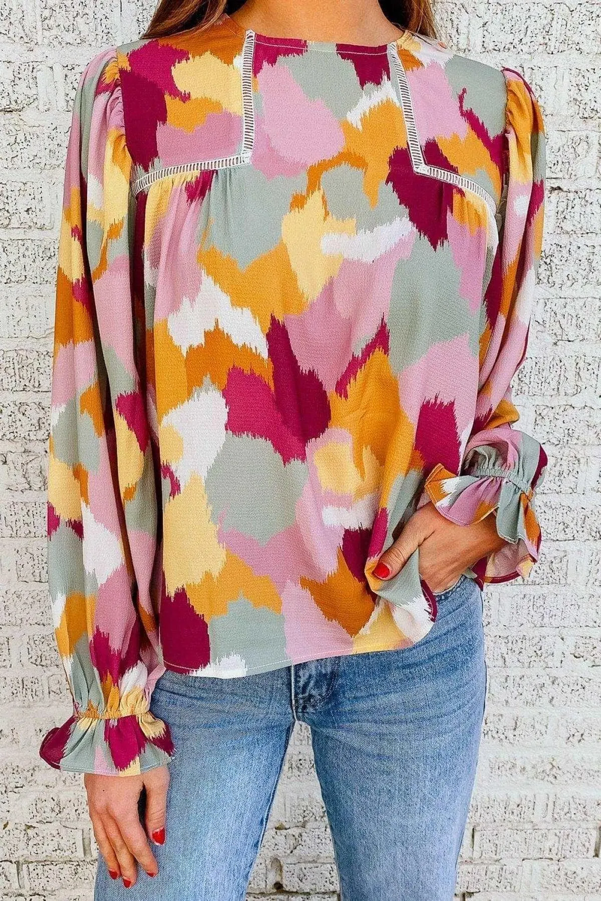 Abstract Print Long Sleeve Blouse Multicolor