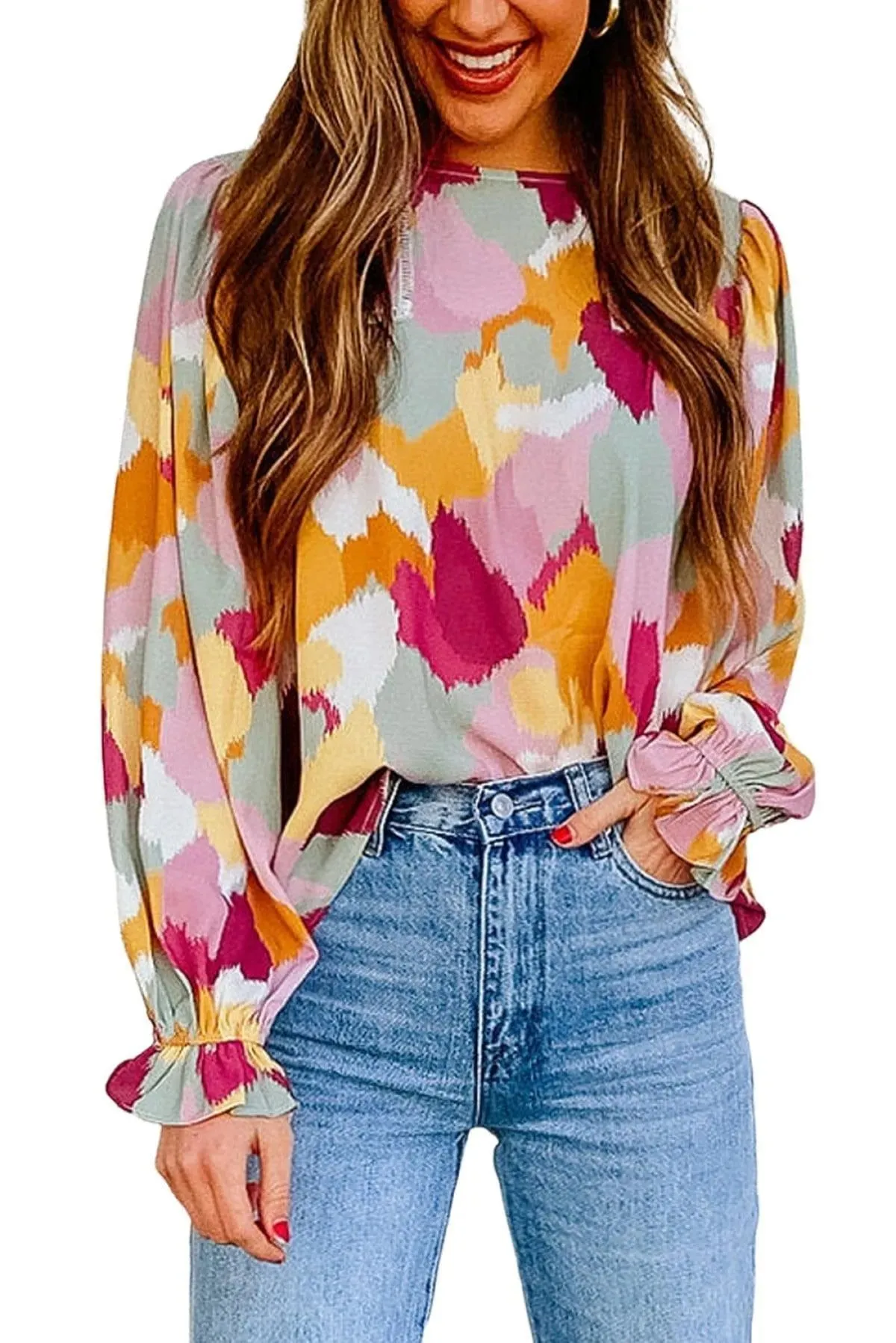 Abstract Print Long Sleeve Blouse Multicolor