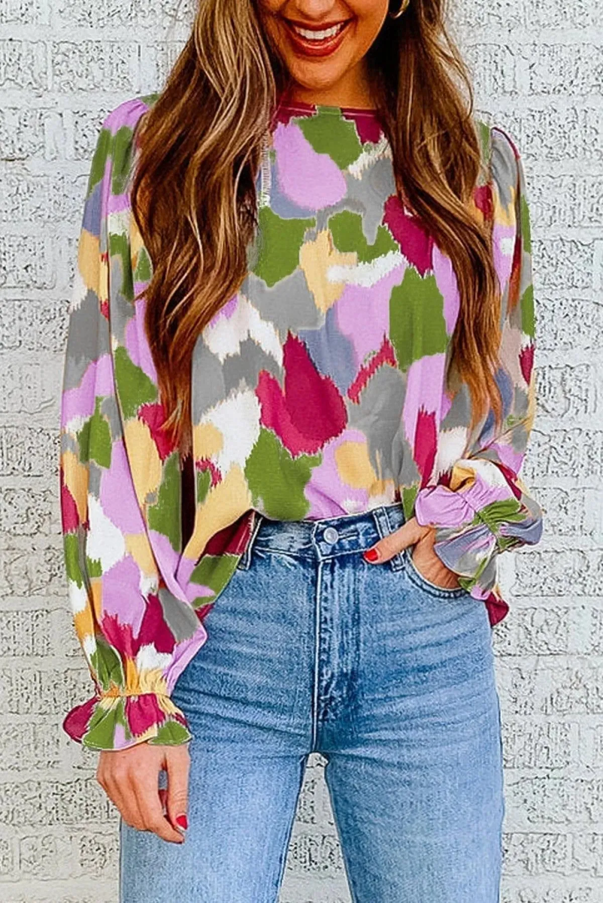 Abstract Print Long Sleeve Blouse Multicolor