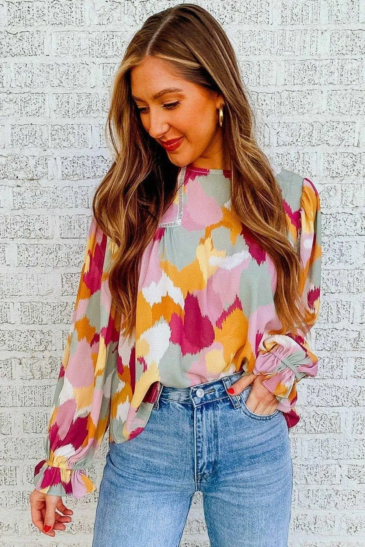 Abstract Print Long Sleeve Blouse Multicolor