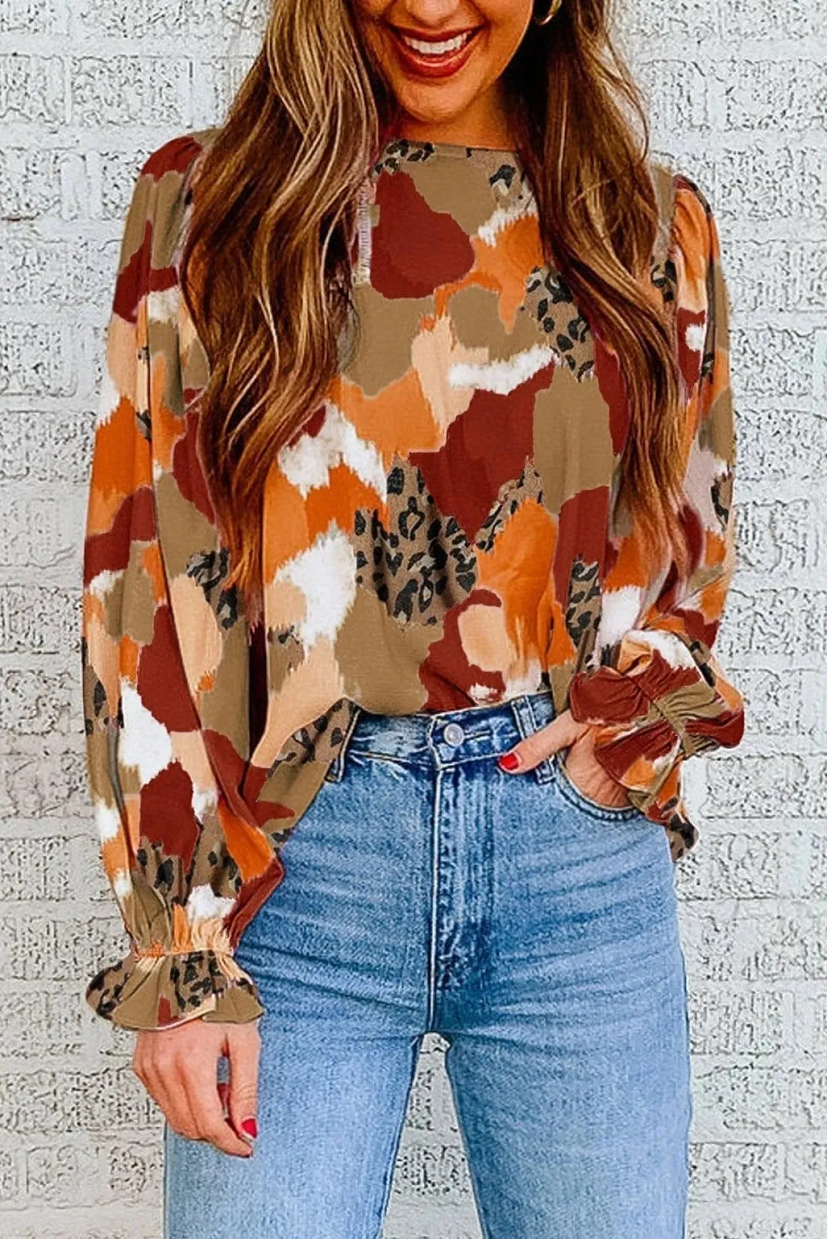 Abstract Print Long Sleeve Blouse Multicolor