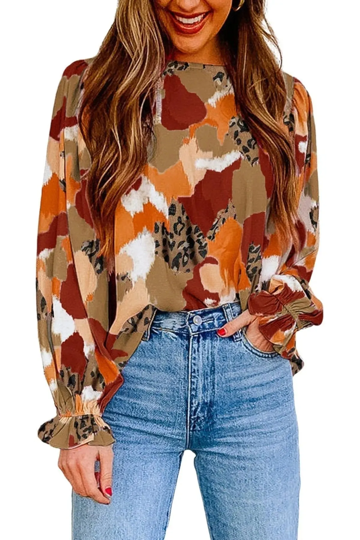 Abstract Print Long Sleeve Blouse Multicolor