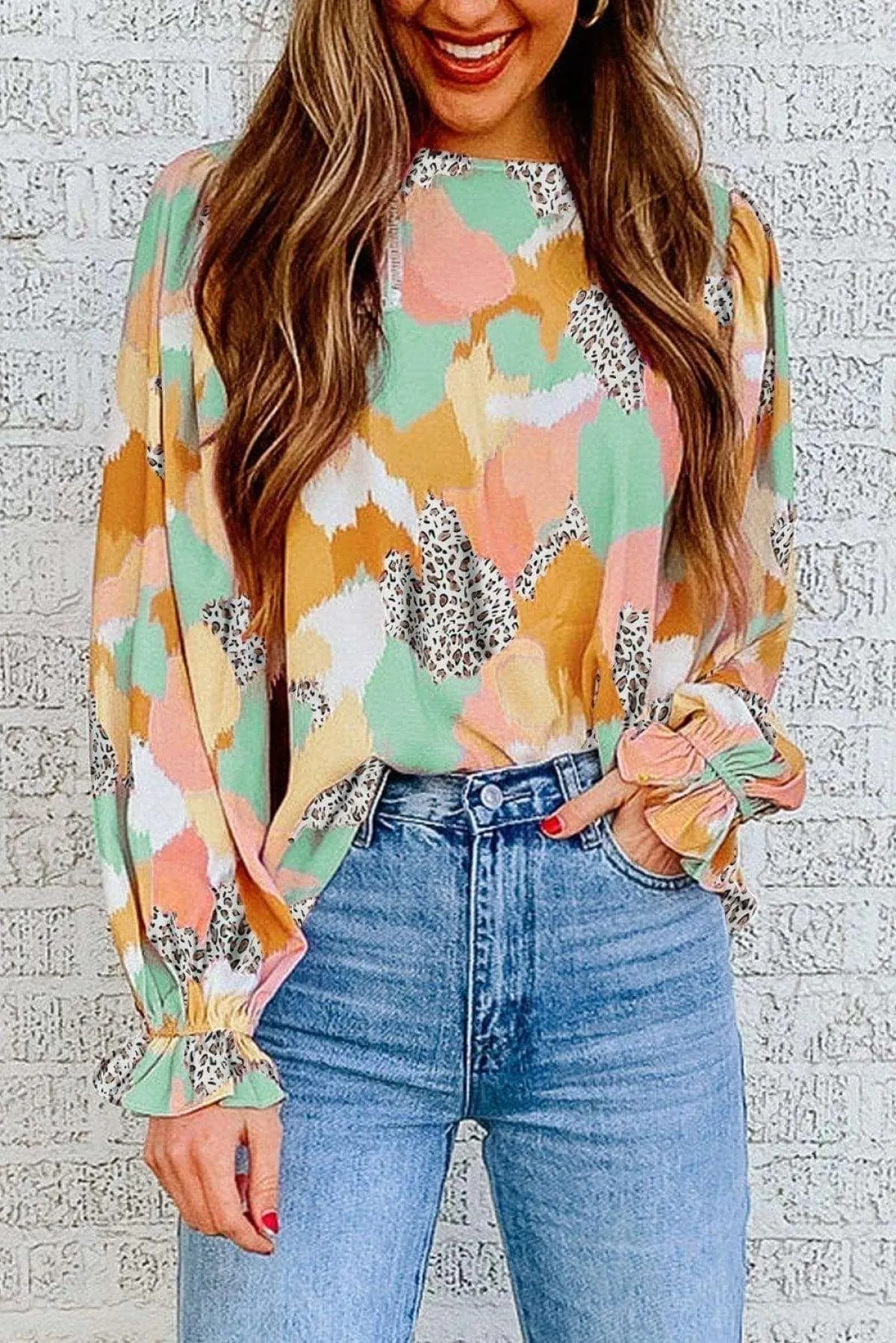 Abstract Print Long Sleeve Blouse Multicolor