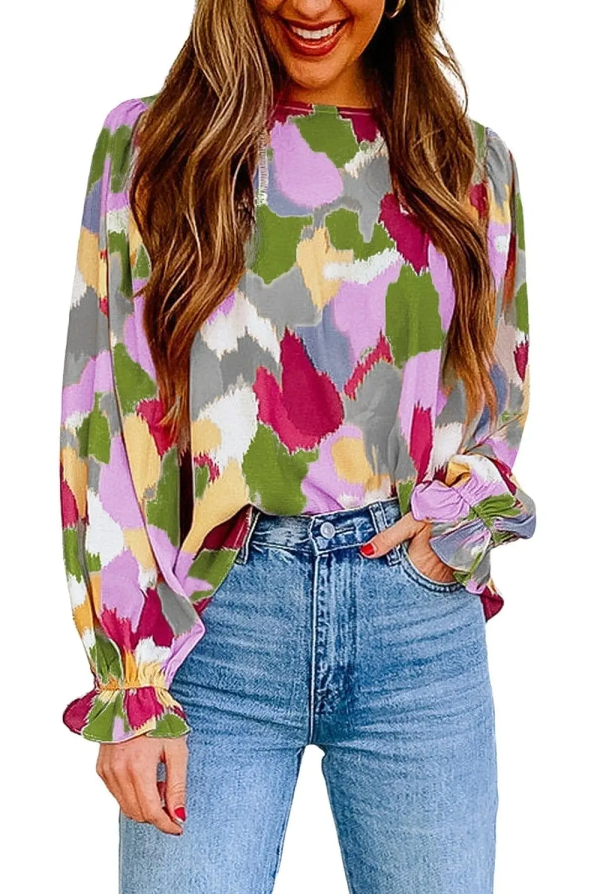 Abstract Print Long Sleeve Blouse Multicolor