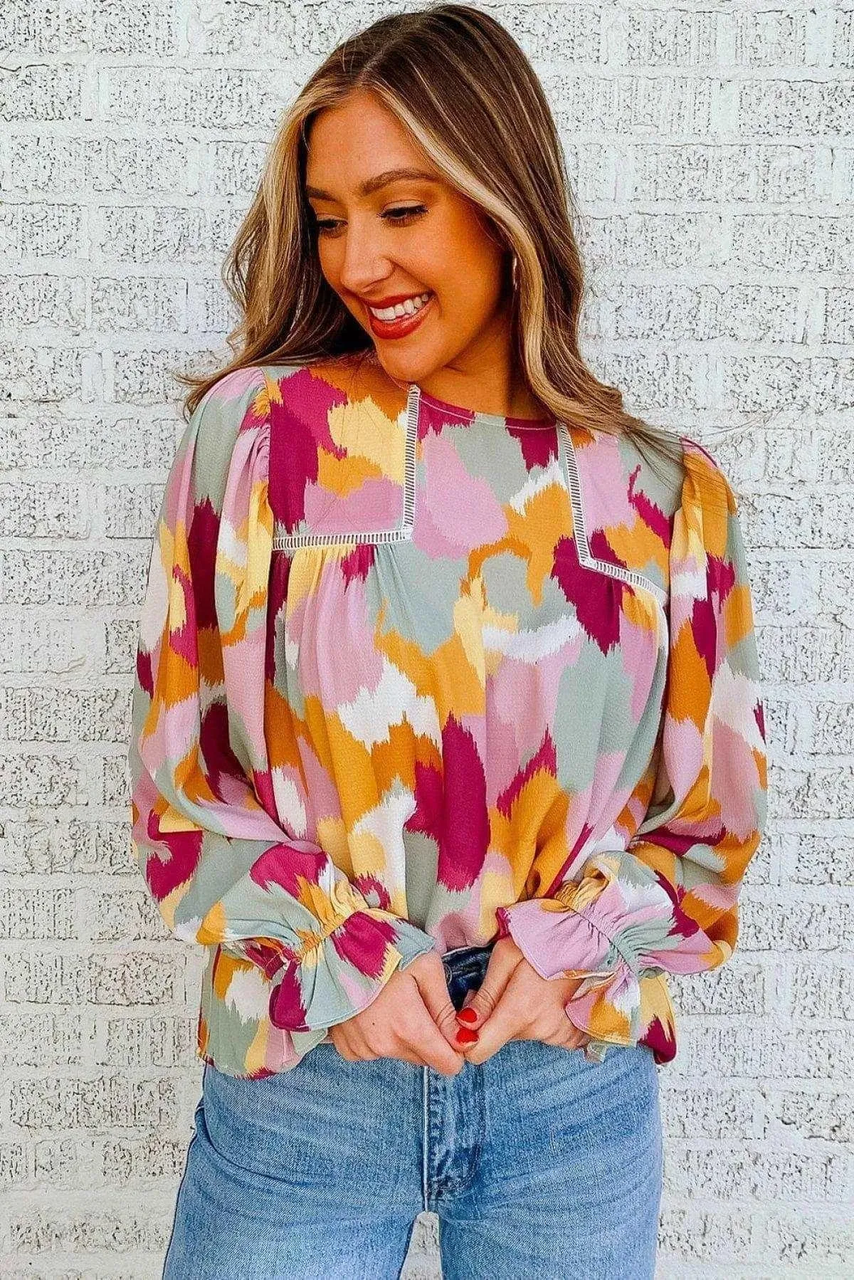 Abstract Print Long Sleeve Blouse Multicolor