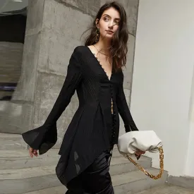 Black Sexy Shirt Female V Neck Flare Sleeve Slim Solid Patchwork Mesh Hem Elegant Blouses Fashion Women Blouses