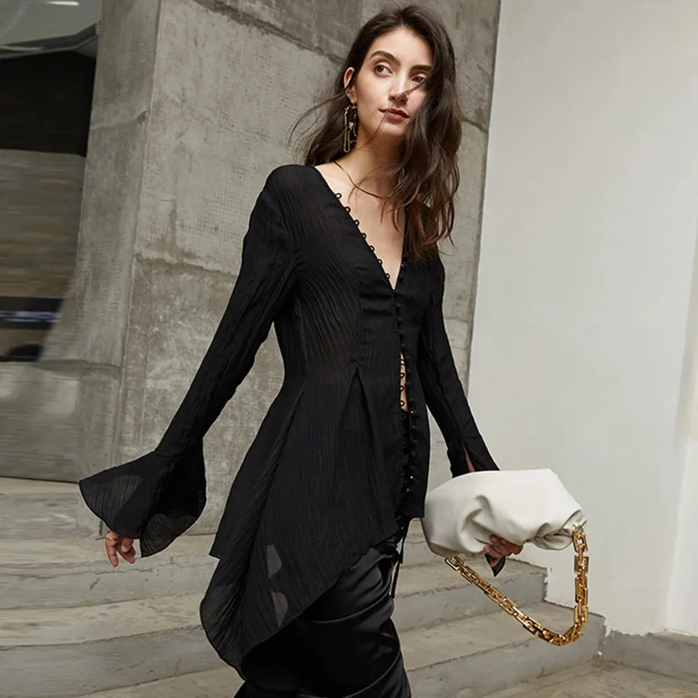 Black Sexy Shirt Female V Neck Flare Sleeve Slim Solid Patchwork Mesh Hem Elegant Blouses Fashion Women Blouses