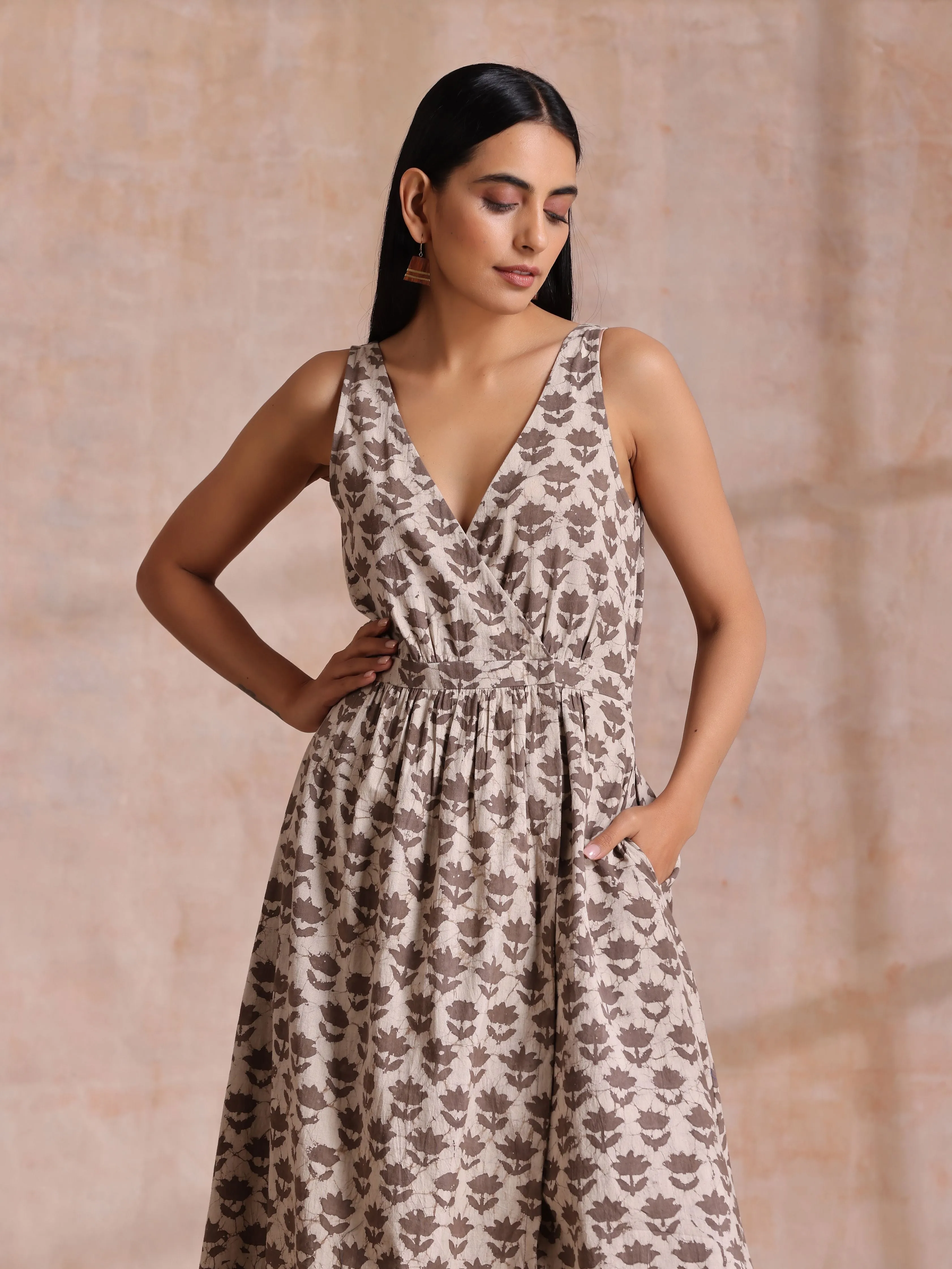 Clay Dabu Buta Print Cotton Sleeveless Wrap Dress