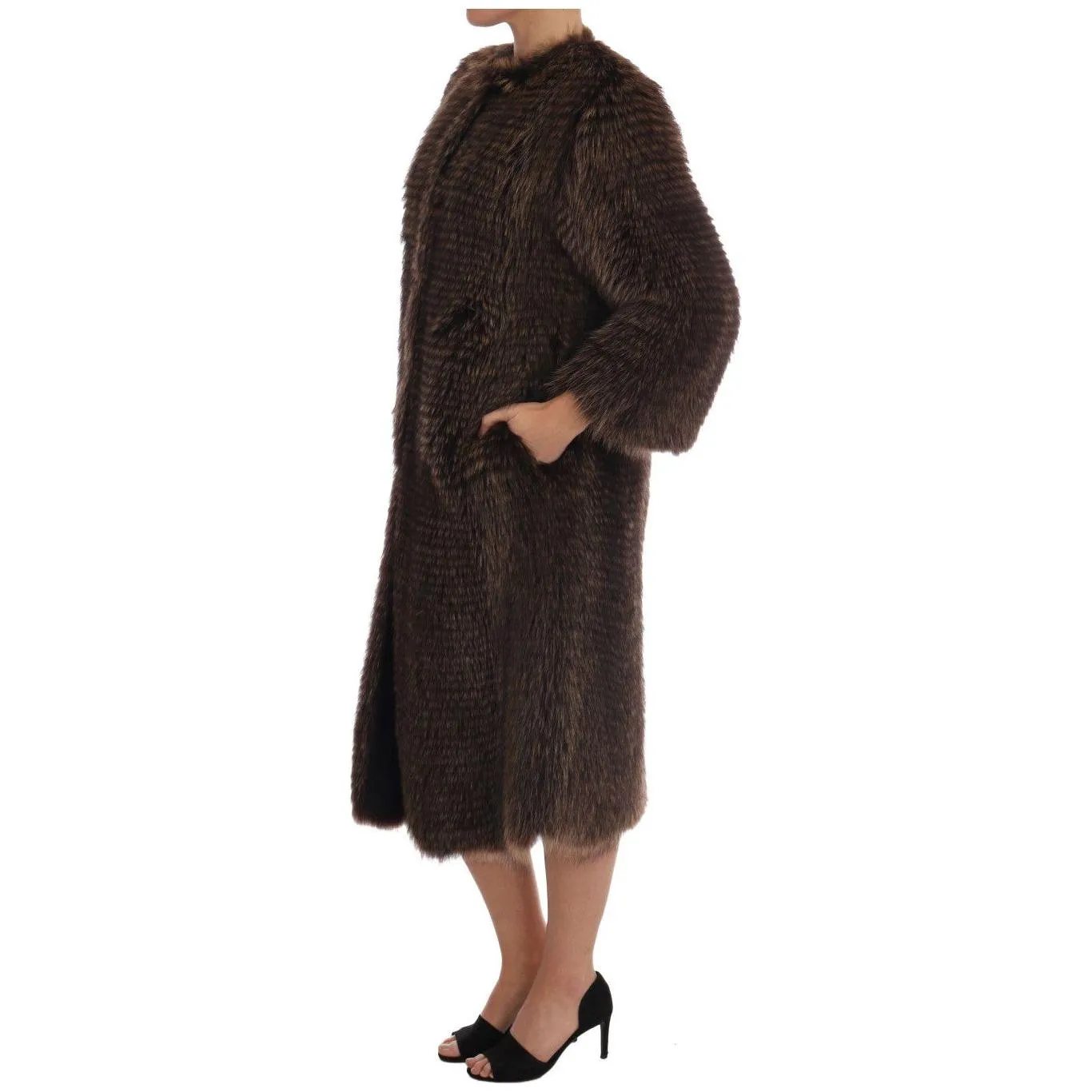 Dolce & Gabbana Elegant Brown Raccoon Fur Knee-Length Coat