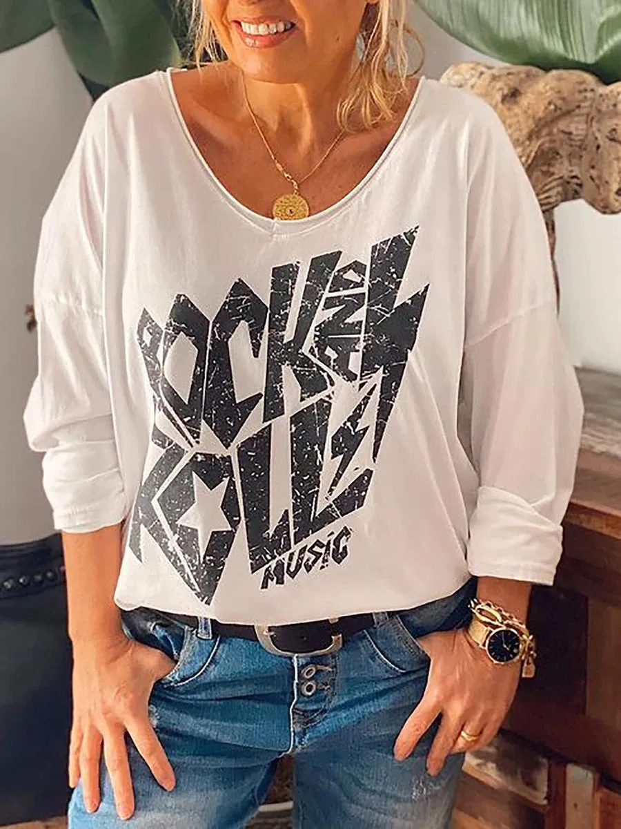 Fashion casual rock print V-neck casual loose T-shirt