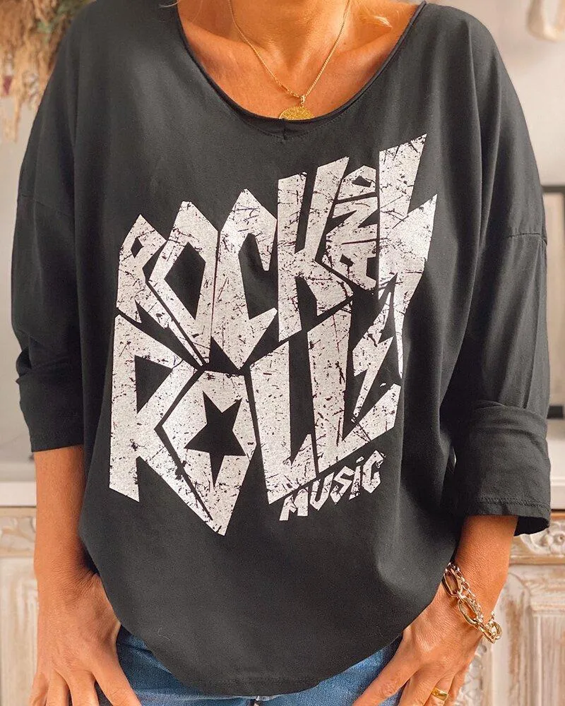 Fashion casual rock print V-neck casual loose T-shirt