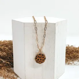 Gold Paperclip Chain Necklace with Octagon Pendant in Brown Dotted Print