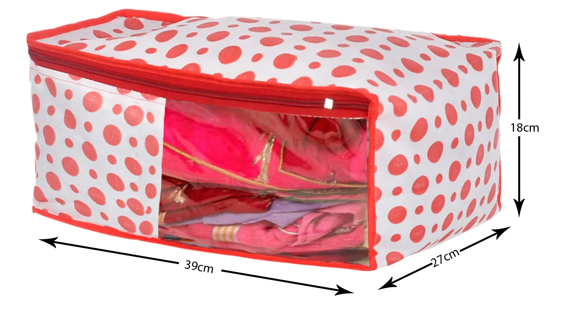 Kuber Industries Dot Printed Foldable, Lightweight Non-Woven Blouse Cover/Organizer With Tranasparent Window- Pack of 3-46KM0297, Pink