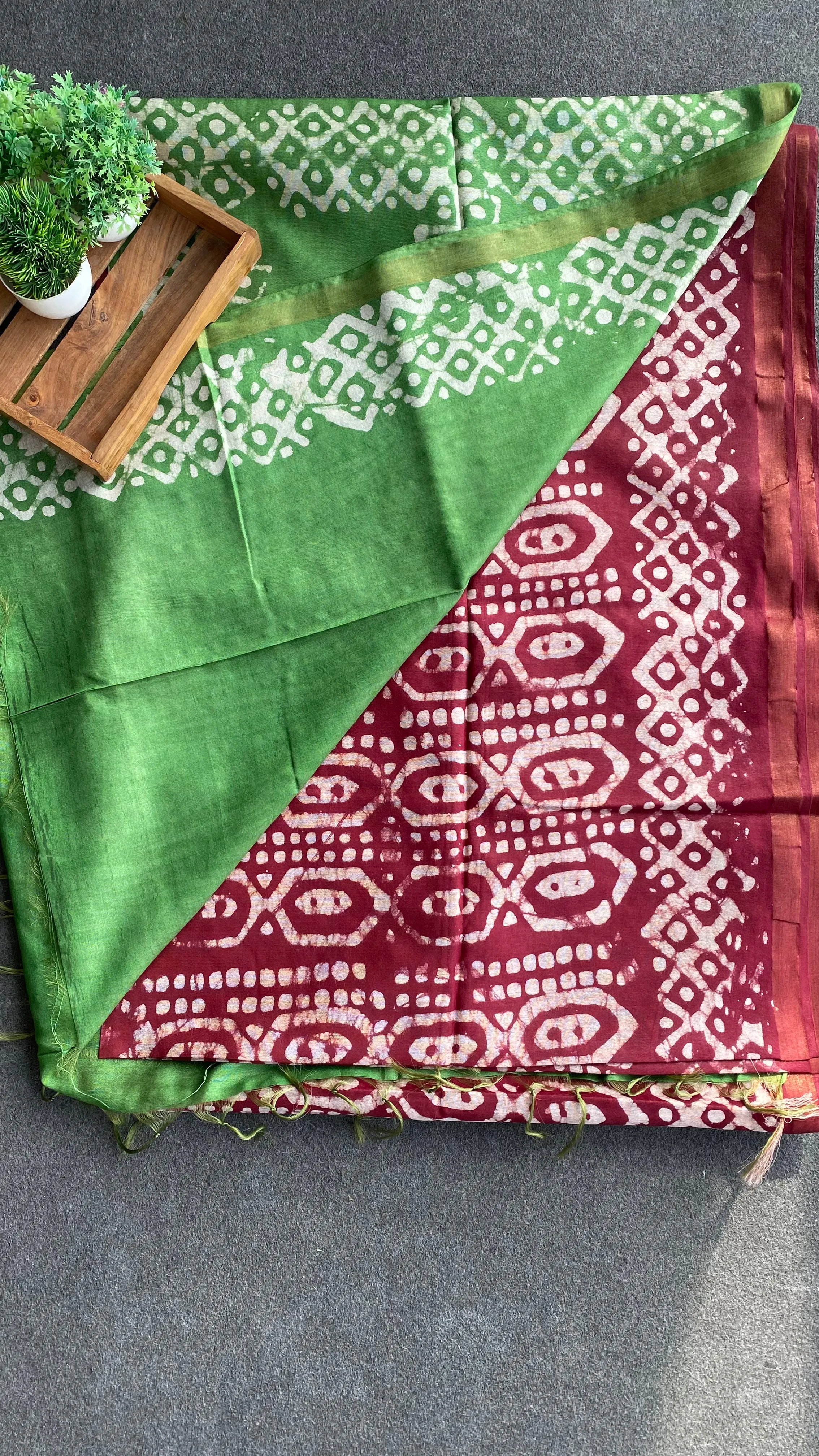 Maroon & parrot green printed cotton saree with blouse