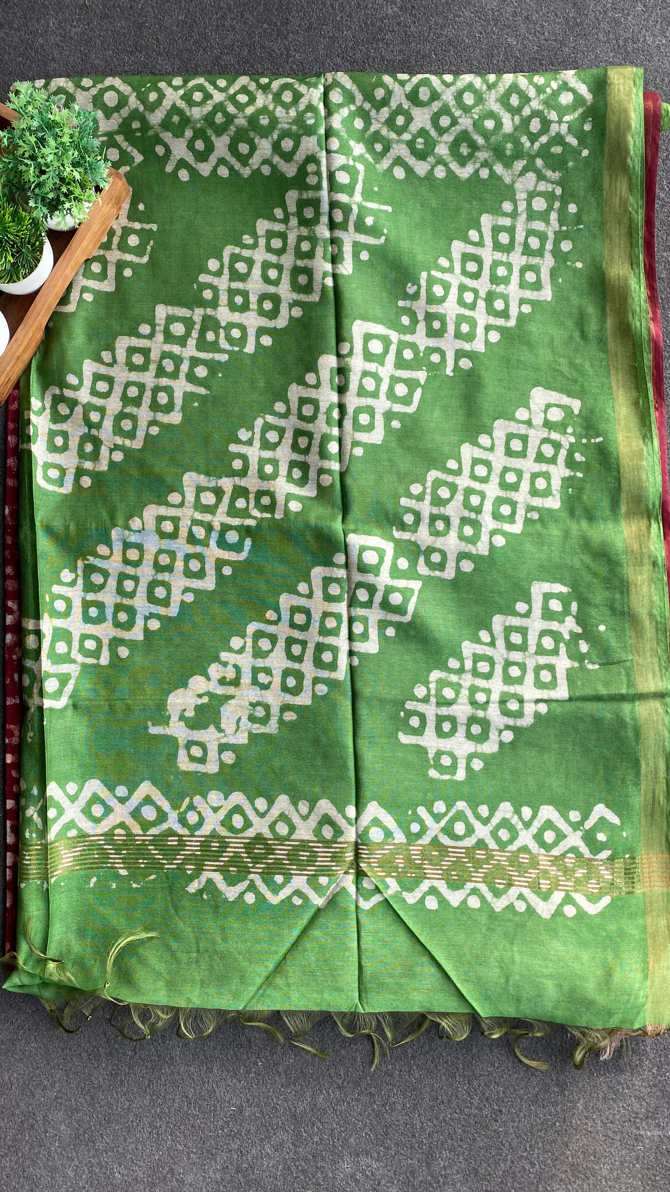 Maroon & parrot green printed cotton saree with blouse