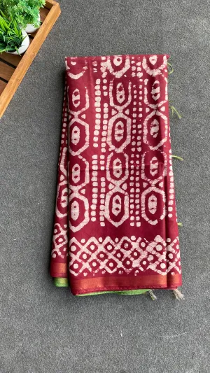 Maroon & parrot green printed cotton saree with blouse