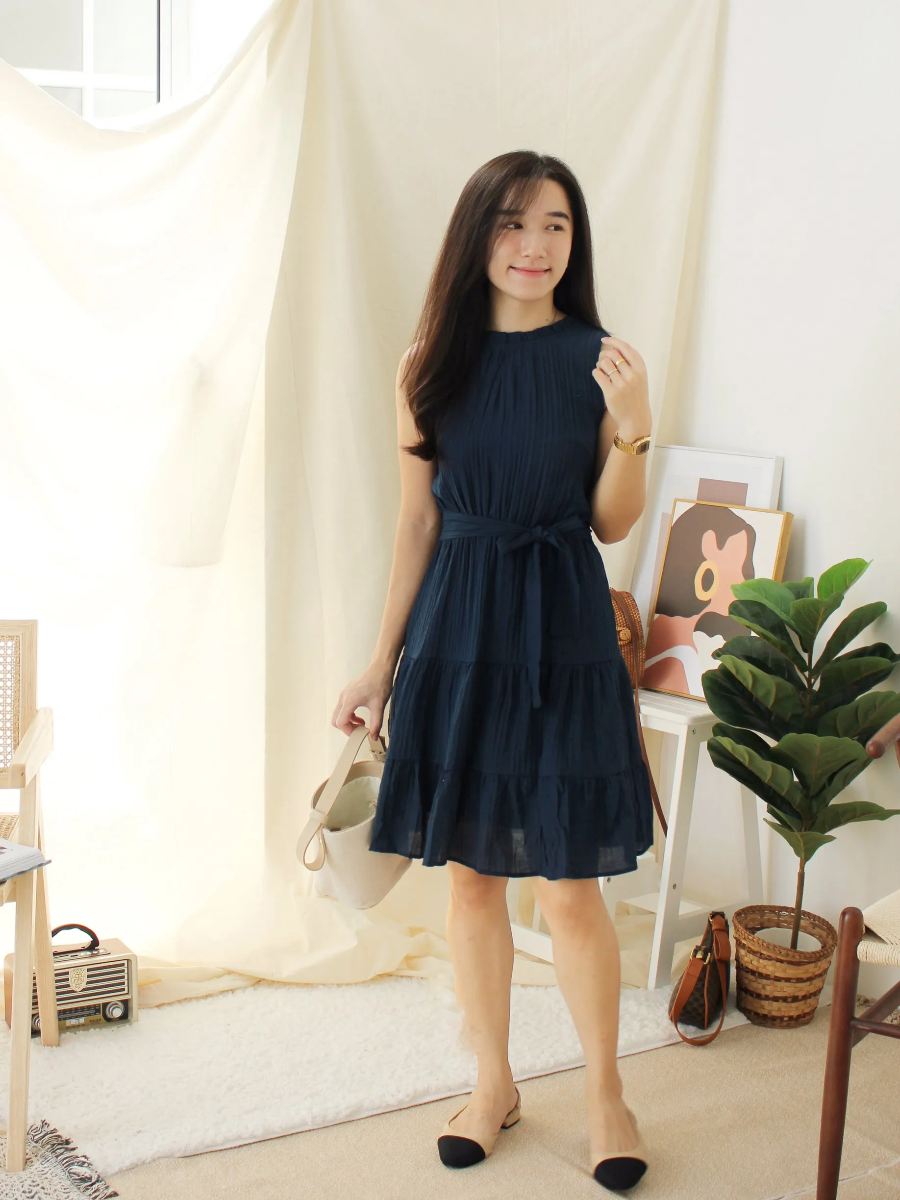 NATALIA NAVY RUFFLE NECK DRESS