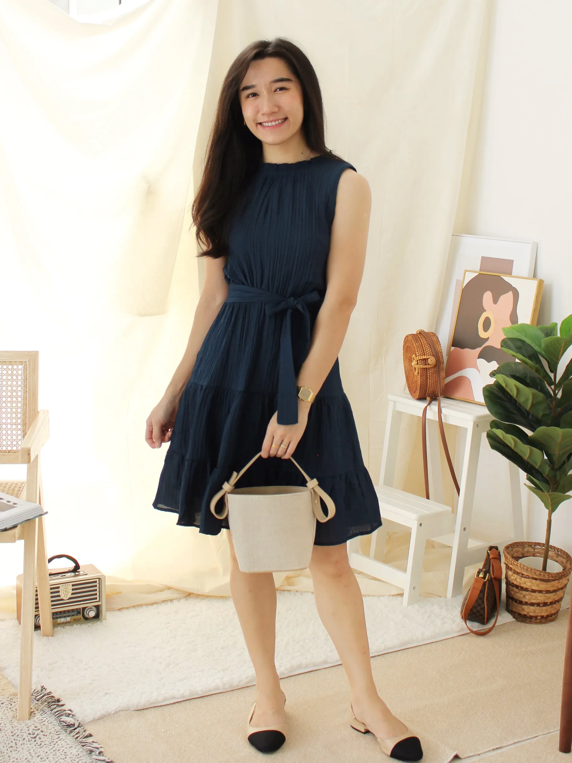 NATALIA NAVY RUFFLE NECK DRESS