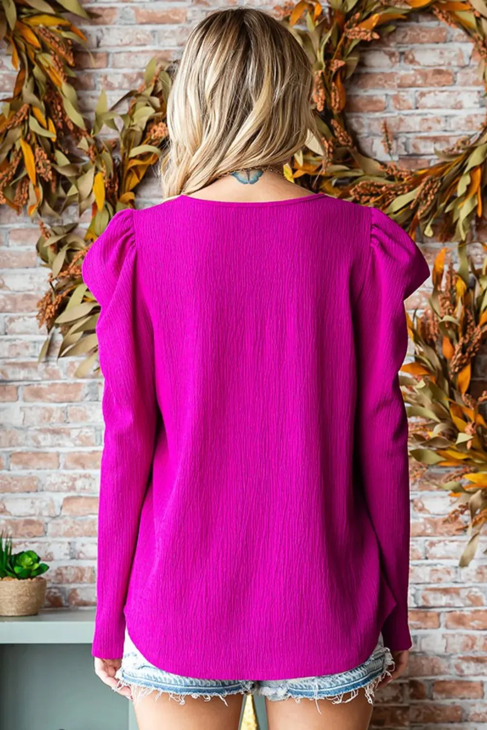 Texture Puff Sleeve Round Neck Blouse