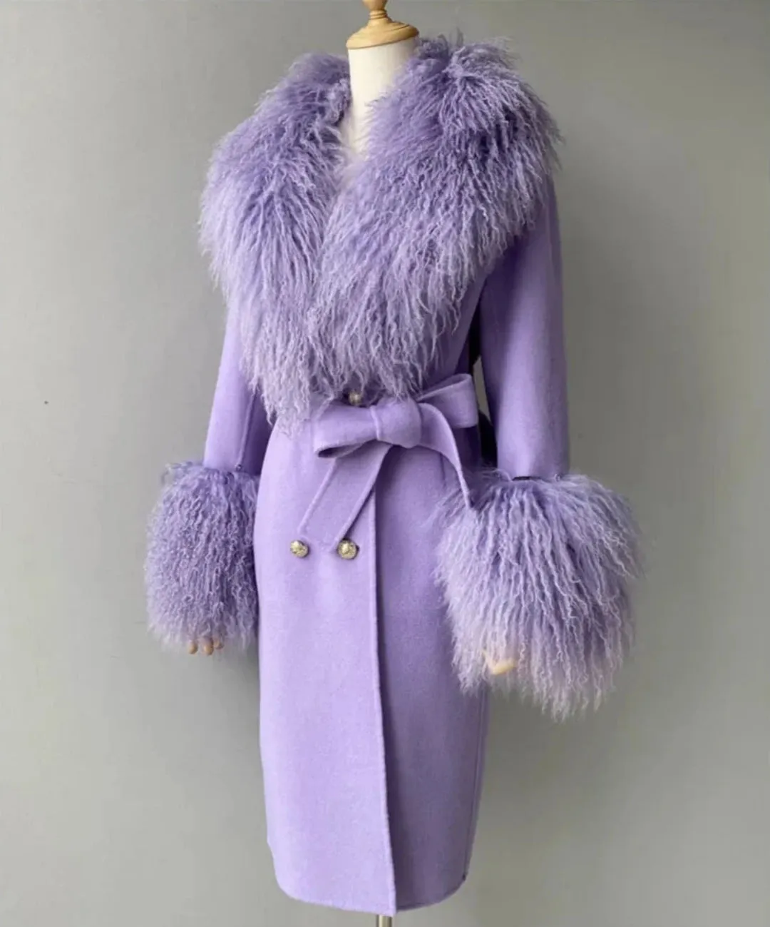 Women's Luxe Cashmere Wool and Sheep Fur Coat