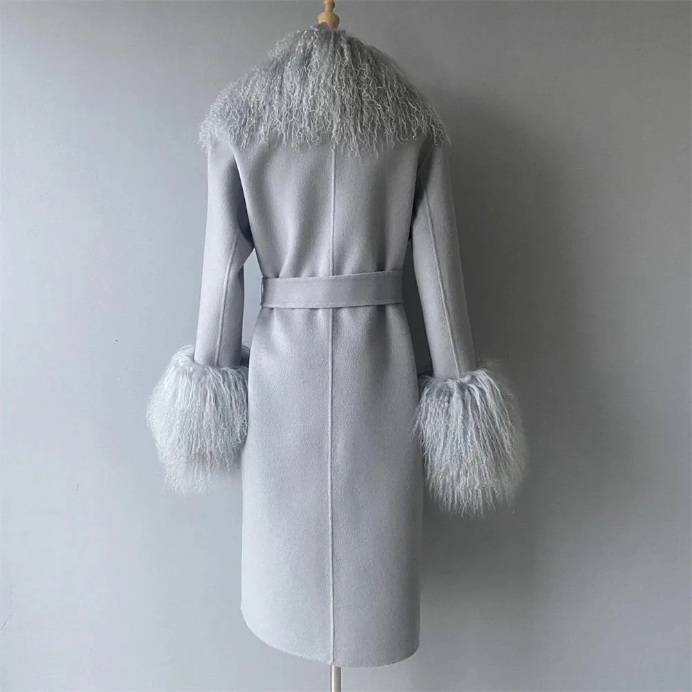 Women's Luxe Cashmere Wool and Sheep Fur Coat