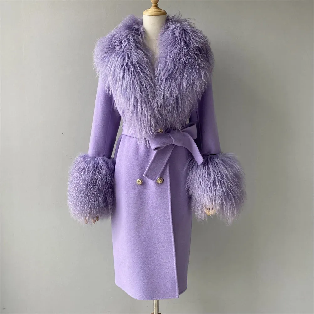 Women's Luxe Cashmere Wool and Sheep Fur Coat