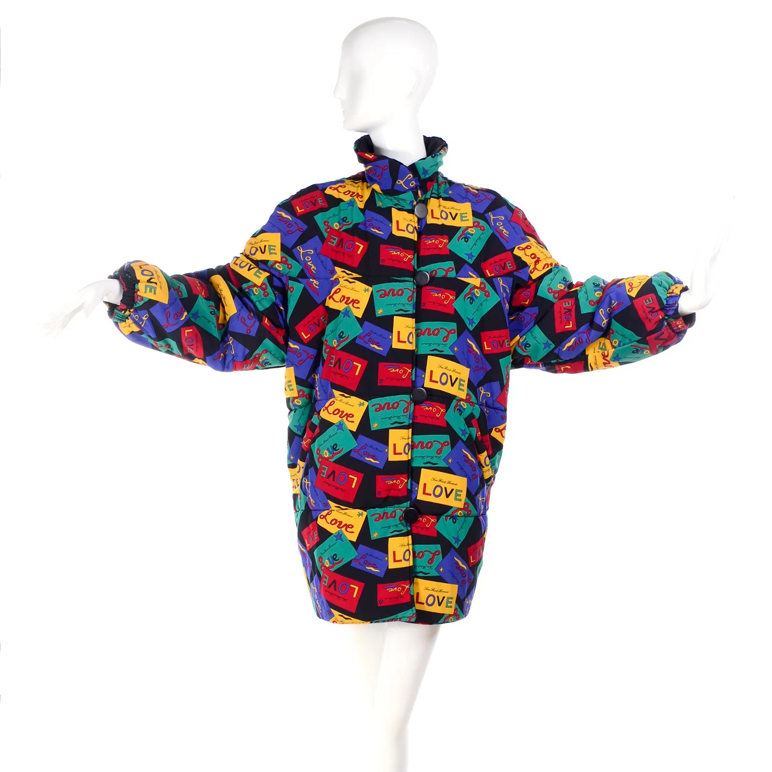 Yves Saint Laurent Reversible Puffer Coat Black/Colorful Love Cards Print