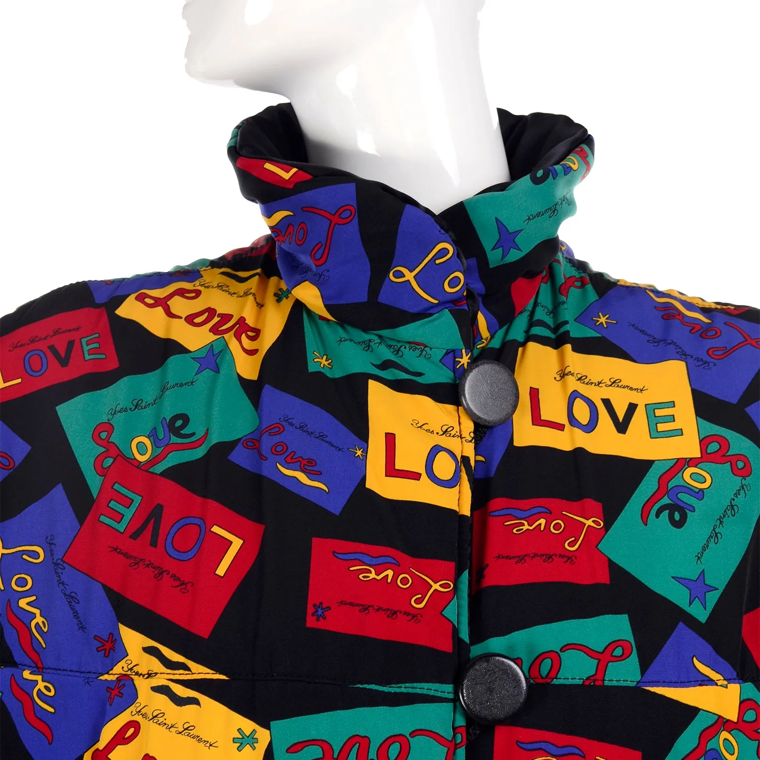 Yves Saint Laurent Reversible Puffer Coat Black/Colorful Love Cards Print